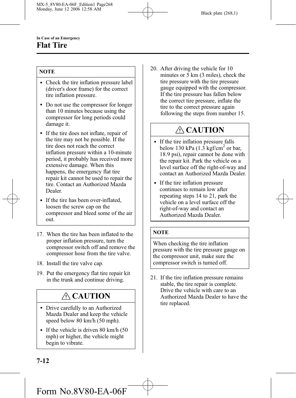 Caution, Flat tire | Mazda MX-5 User Manual | Page 269 / 407