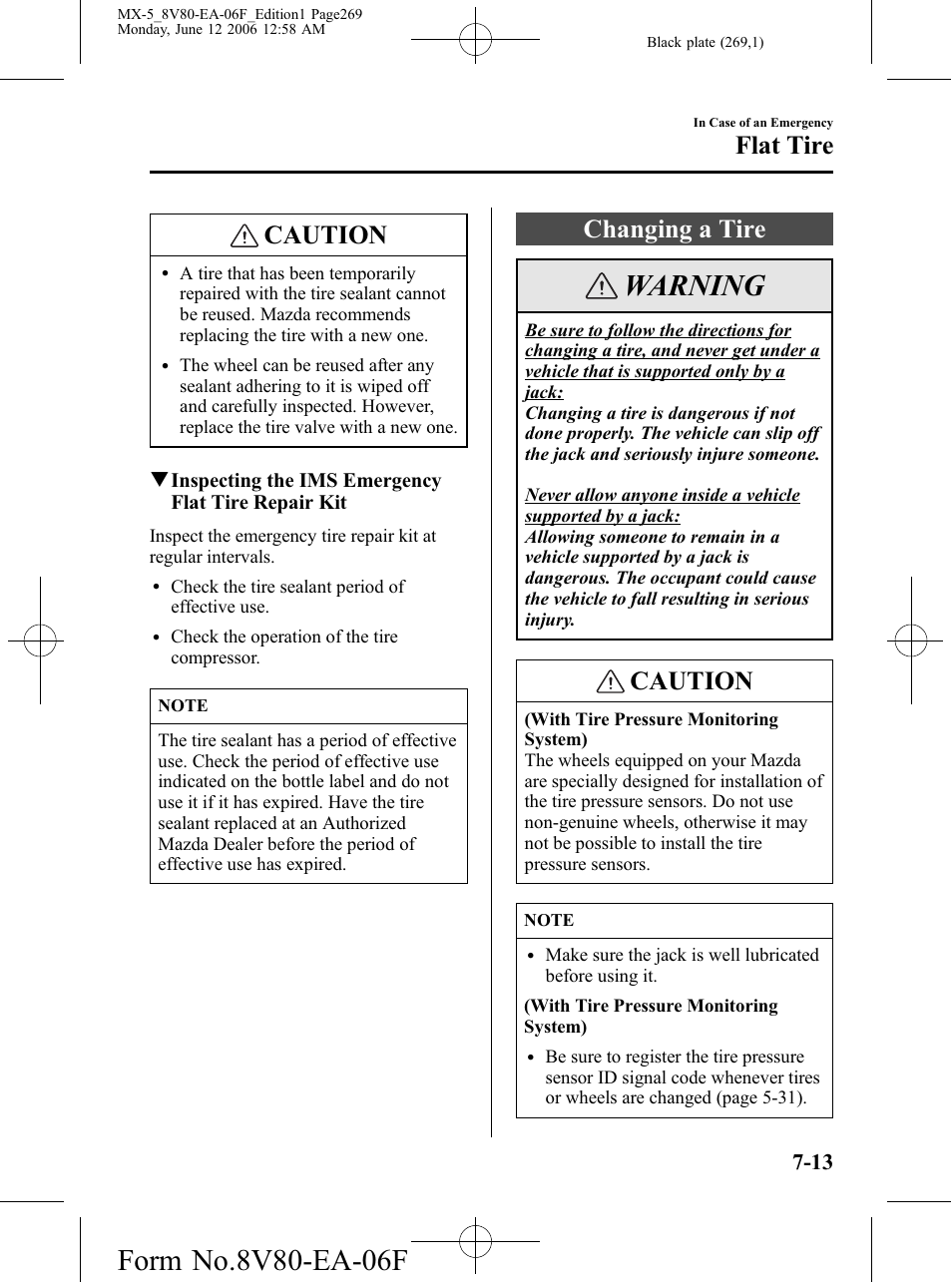 Changing a tire, Changing a tire -13, Warning | Caution, Flat tire | Mazda MX-5 User Manual | Page 270 / 407