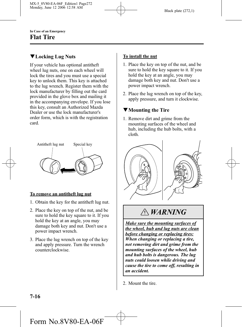 Warning, Flat tire | Mazda MX-5 User Manual | Page 273 / 407