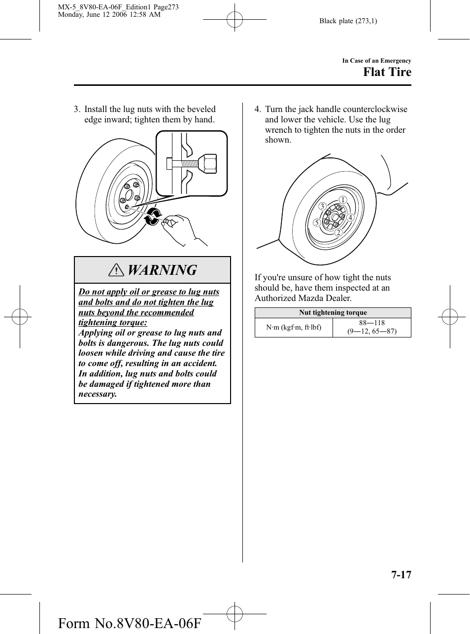 Warning, Flat tire | Mazda MX-5 User Manual | Page 274 / 407