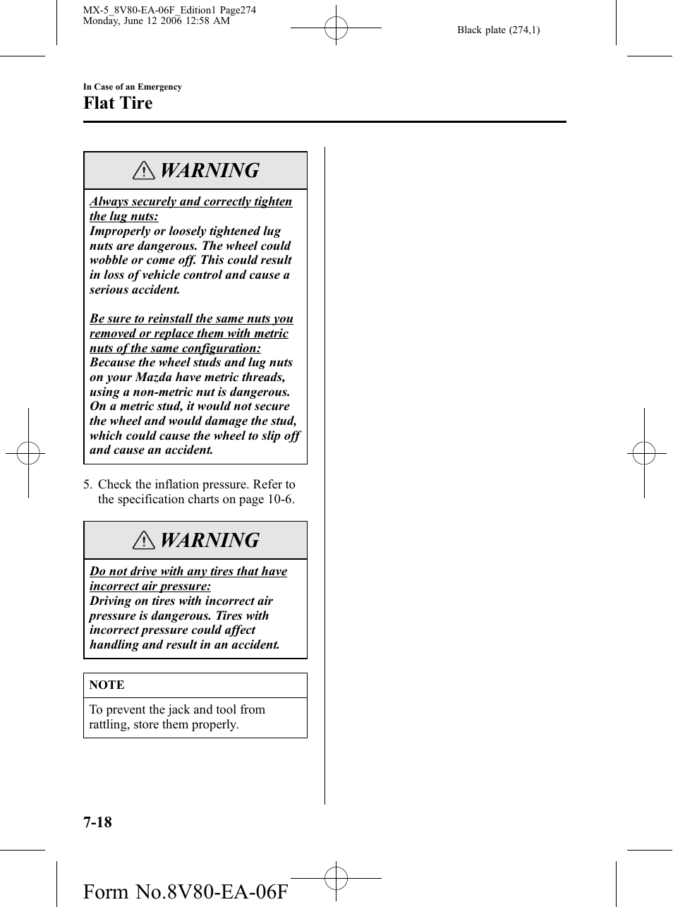 Warning, Flat tire | Mazda MX-5 User Manual | Page 275 / 407
