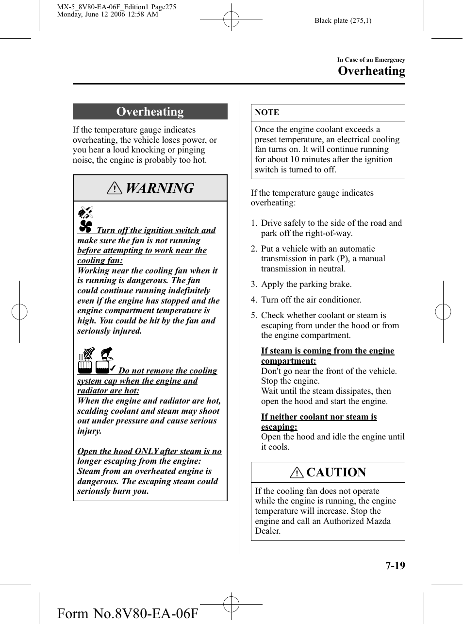 Overheating, Overheating -19, Warning | Caution | Mazda MX-5 User Manual | Page 276 / 407