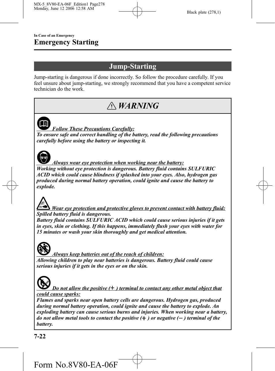 Jump-starting, Jump-starting -22, Warning | Emergency starting | Mazda MX-5 User Manual | Page 279 / 407