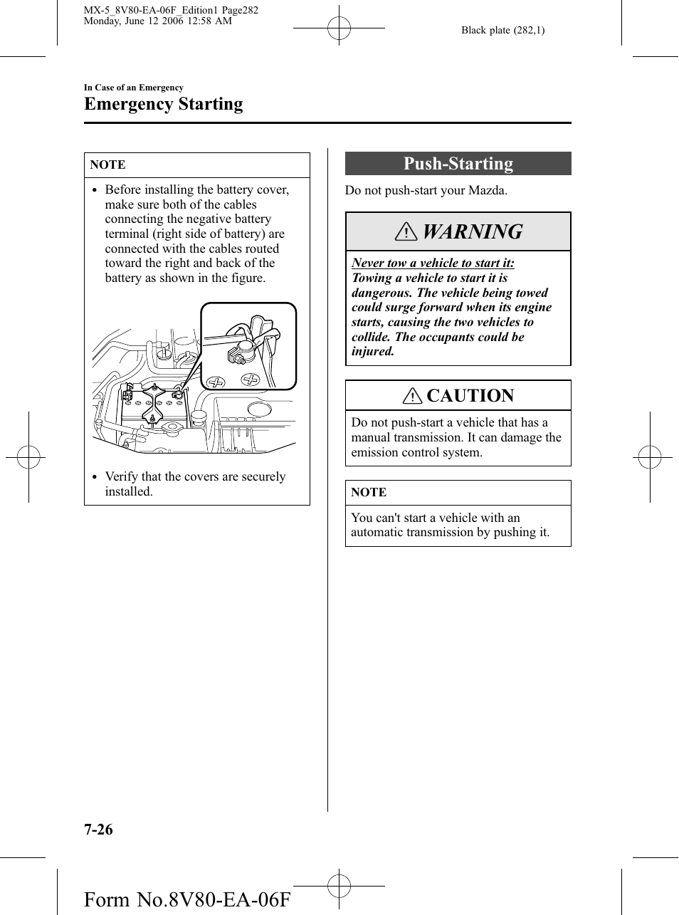 Push-starting, Push-starting -26, Warning | Caution, Emergency starting | Mazda MX-5 User Manual | Page 283 / 407