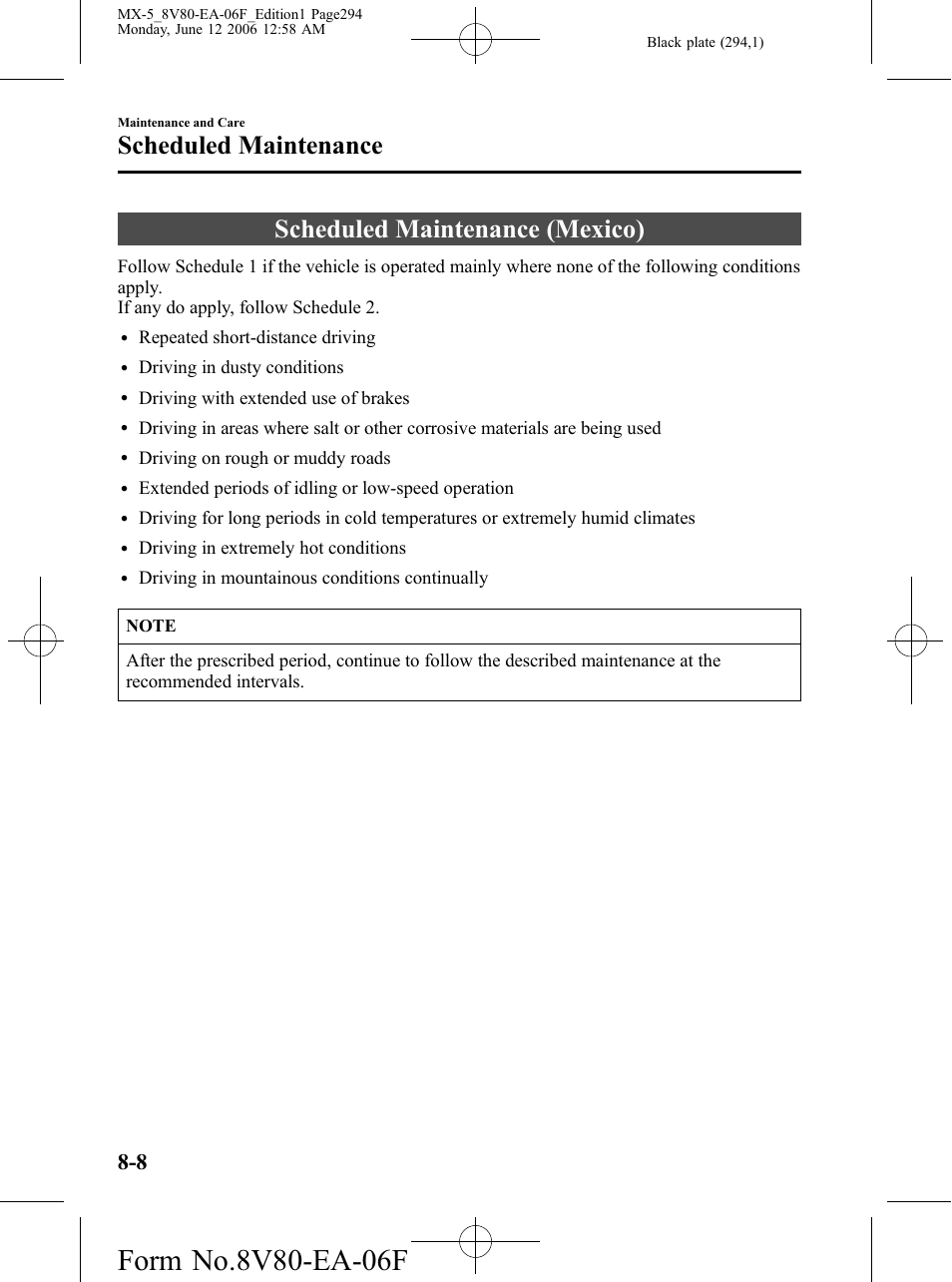 Scheduled maintenance (mexico), Scheduled maintenance (mexico) -8, Scheduled maintenance | Mazda MX-5 User Manual | Page 295 / 407