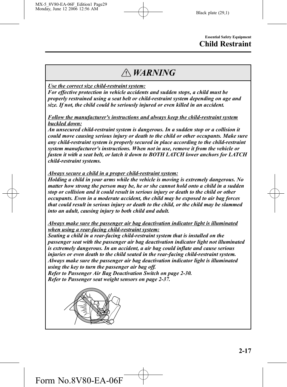 Warning, Child restraint | Mazda MX-5 User Manual | Page 30 / 407