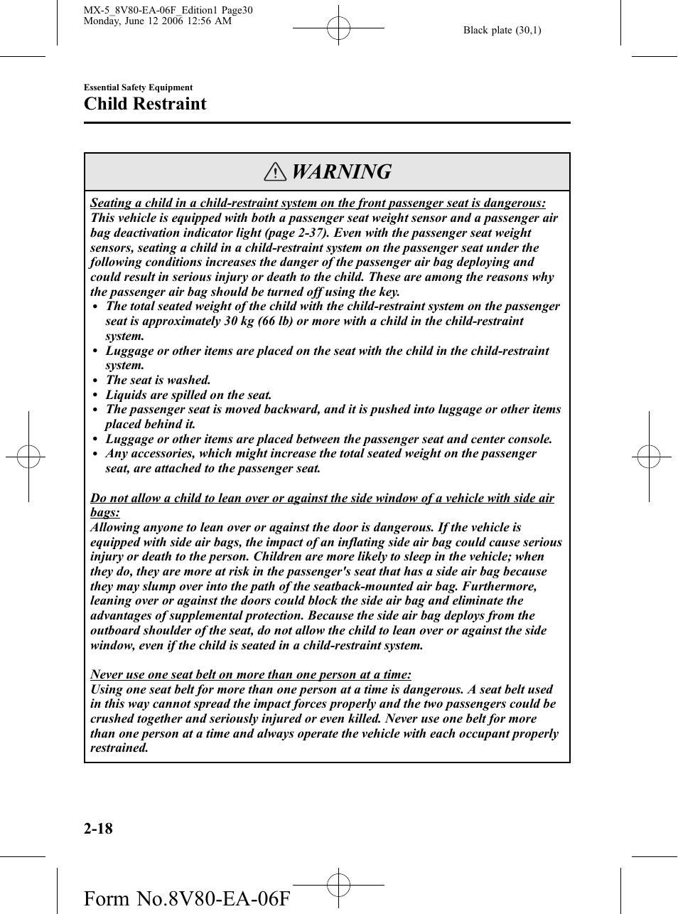 Warning, Child restraint | Mazda MX-5 User Manual | Page 31 / 407