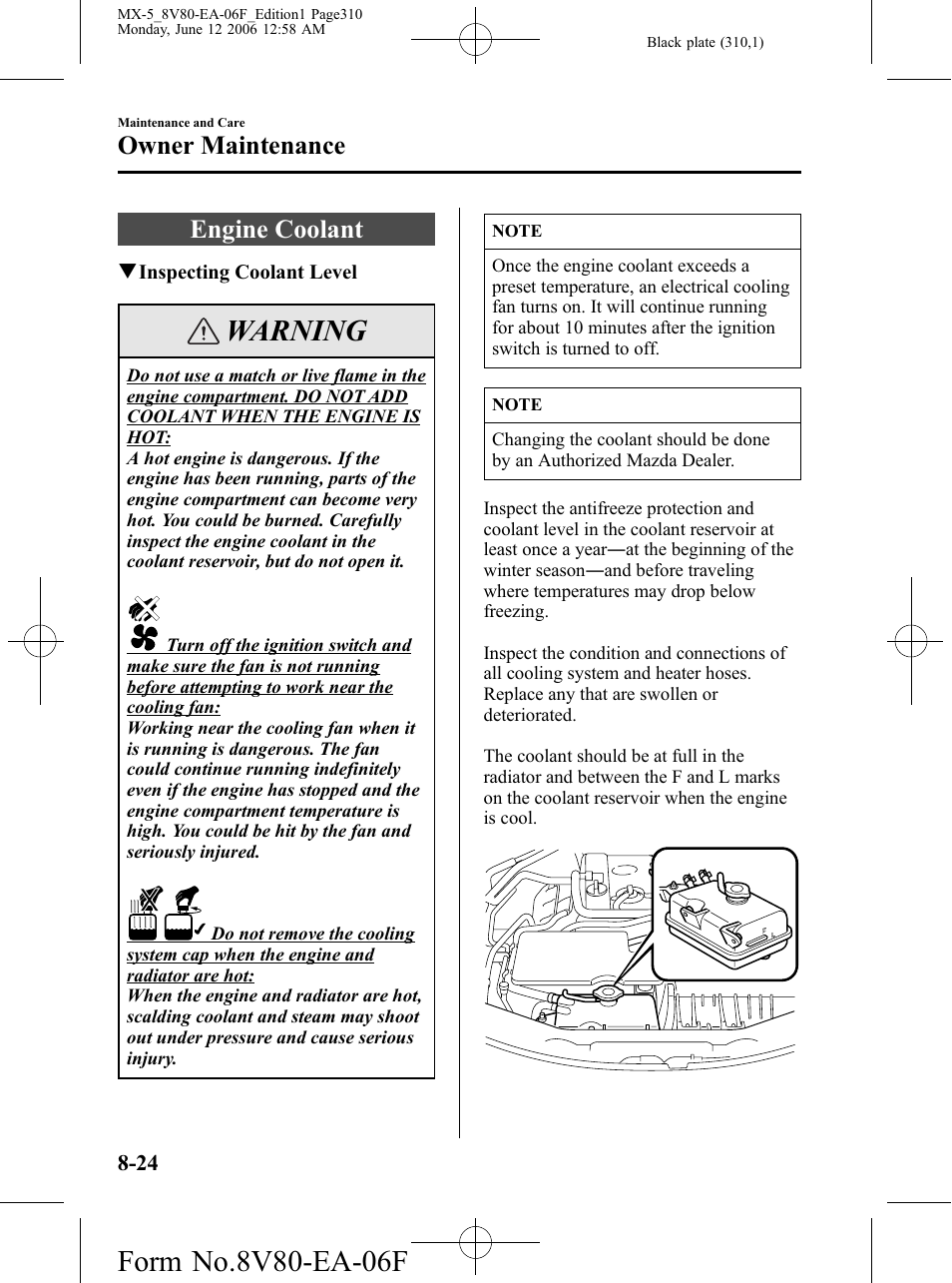 Engine coolant, Engine coolant -24, Warning | Owner maintenance | Mazda MX-5 User Manual | Page 311 / 407