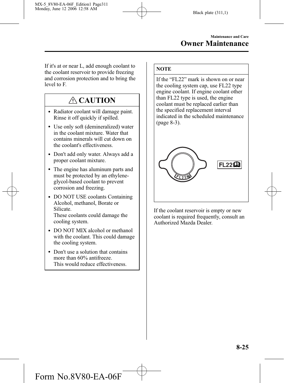 Caution, Owner maintenance | Mazda MX-5 User Manual | Page 312 / 407