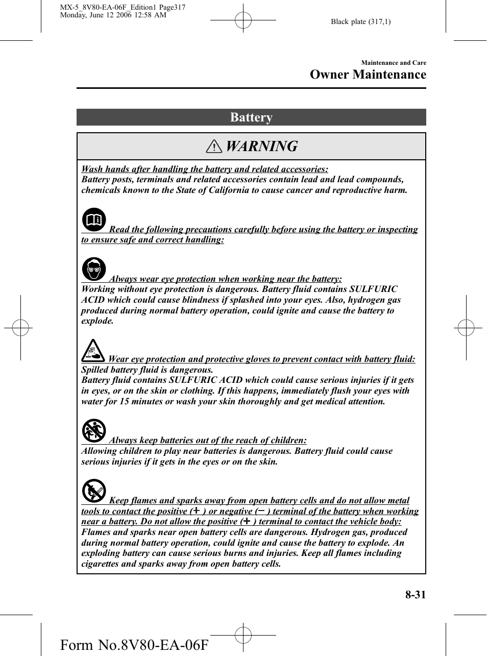 Battery, Battery -31, Warning | Owner maintenance | Mazda MX-5 User Manual | Page 318 / 407