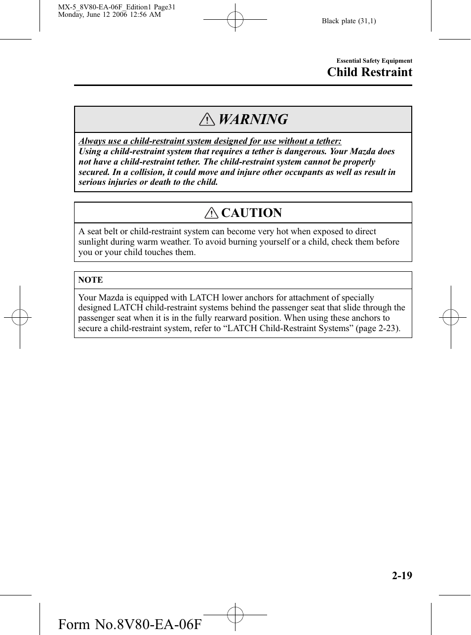 Warning, Caution, Child restraint | Mazda MX-5 User Manual | Page 32 / 407