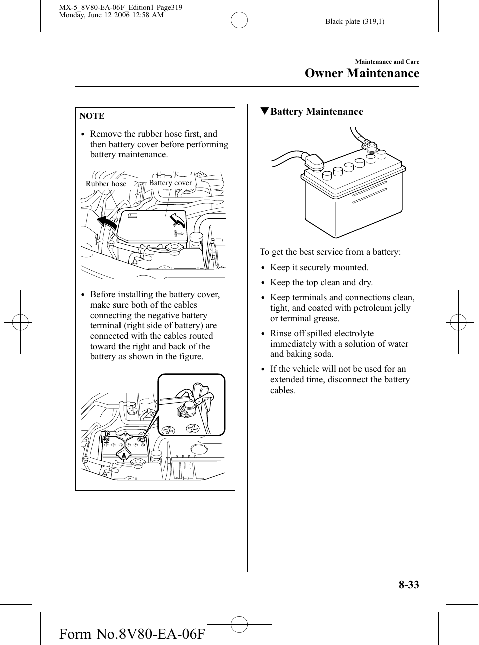 Owner maintenance, Qbattery maintenance | Mazda MX-5 User Manual | Page 320 / 407