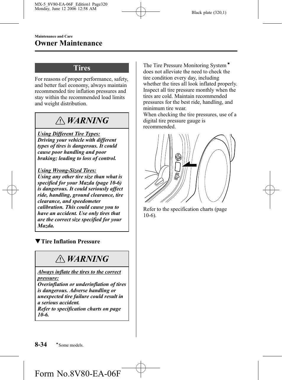 Tires, Tires -34, Warning | Owner maintenance | Mazda MX-5 User Manual | Page 321 / 407