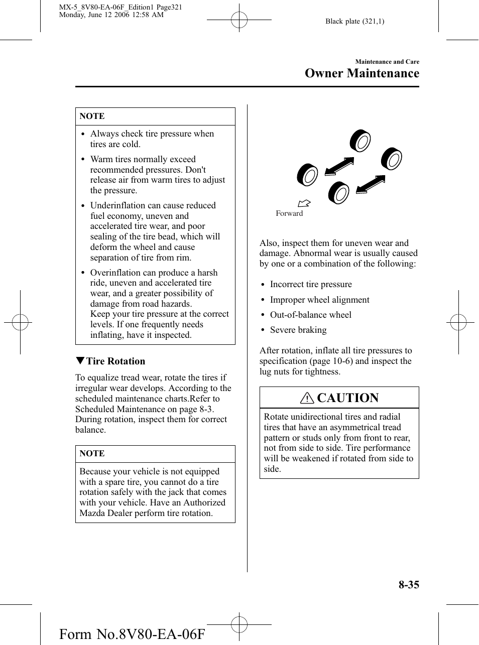 Caution, Owner maintenance, Qtire rotation | Mazda MX-5 User Manual | Page 322 / 407