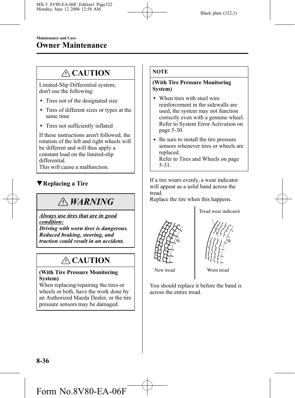 Warning, Caution, Owner maintenance | Mazda MX-5 User Manual | Page 323 / 407