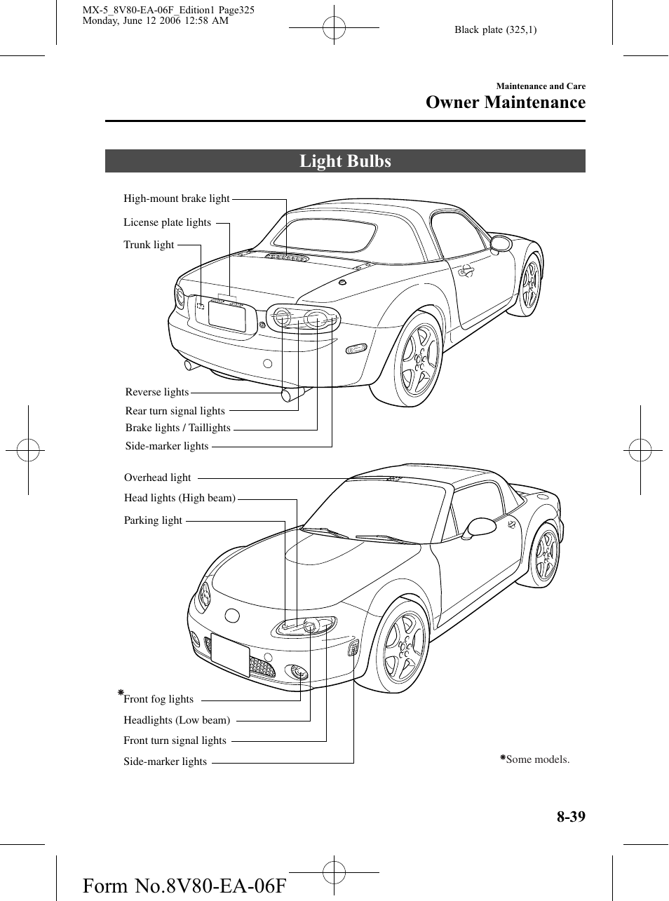 Light bulbs, Light bulbs -39, Owner maintenance | Mazda MX-5 User Manual | Page 326 / 407