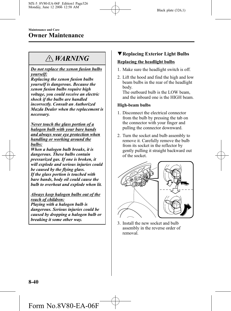 Warning, Owner maintenance | Mazda MX-5 User Manual | Page 327 / 407