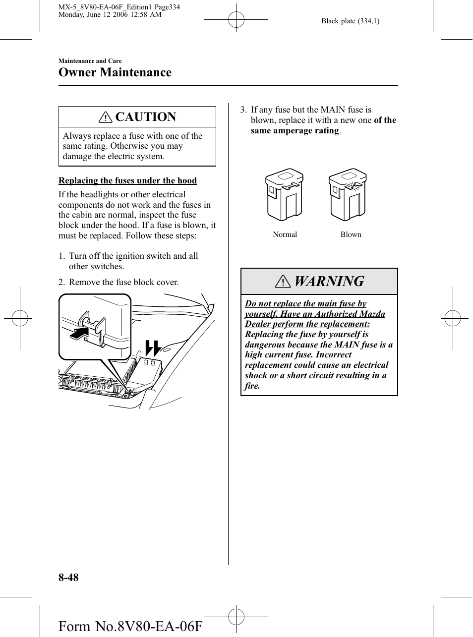 Warning, Caution, Owner maintenance | Mazda MX-5 User Manual | Page 335 / 407