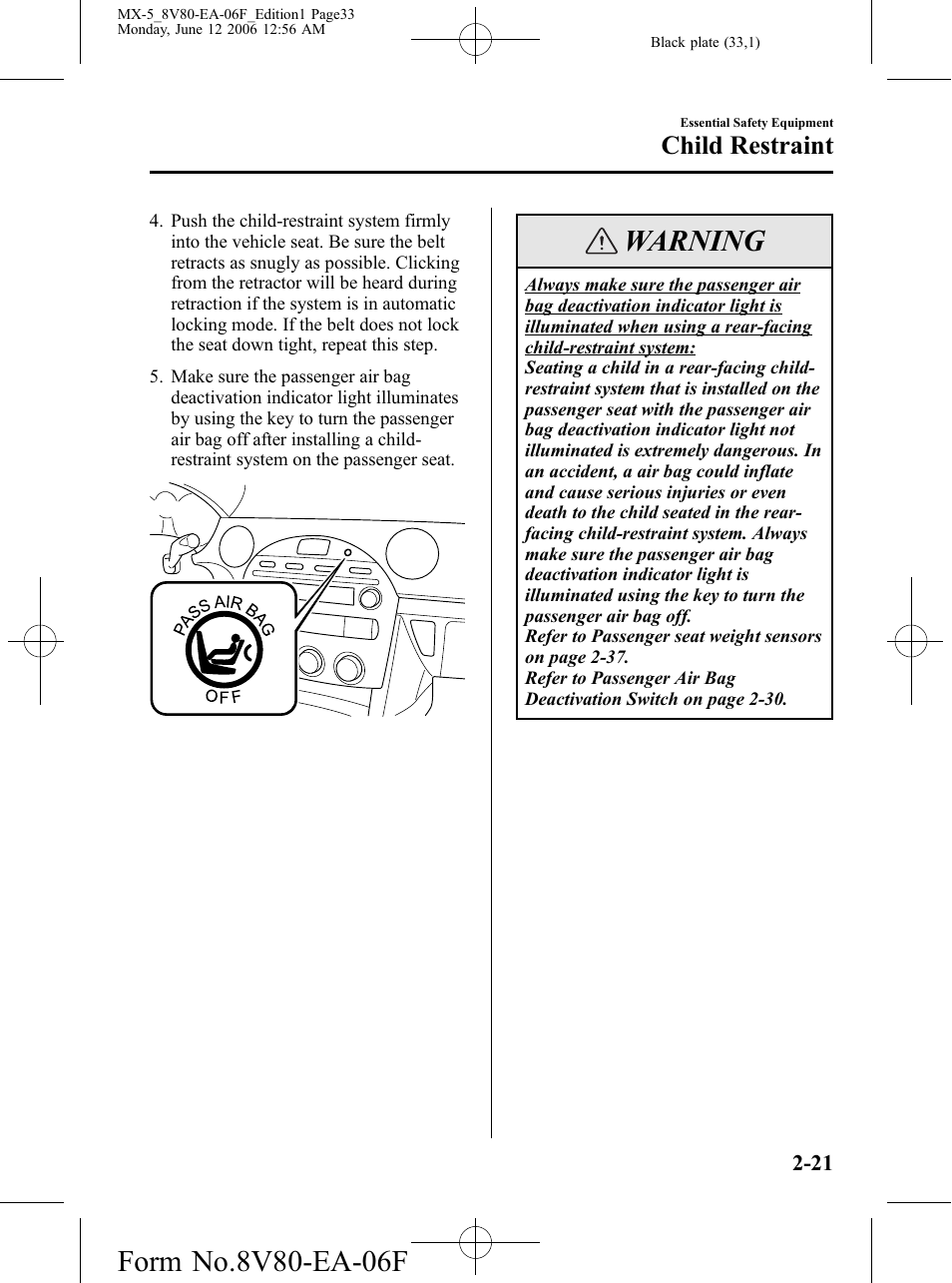 Warning, Child restraint | Mazda MX-5 User Manual | Page 34 / 407