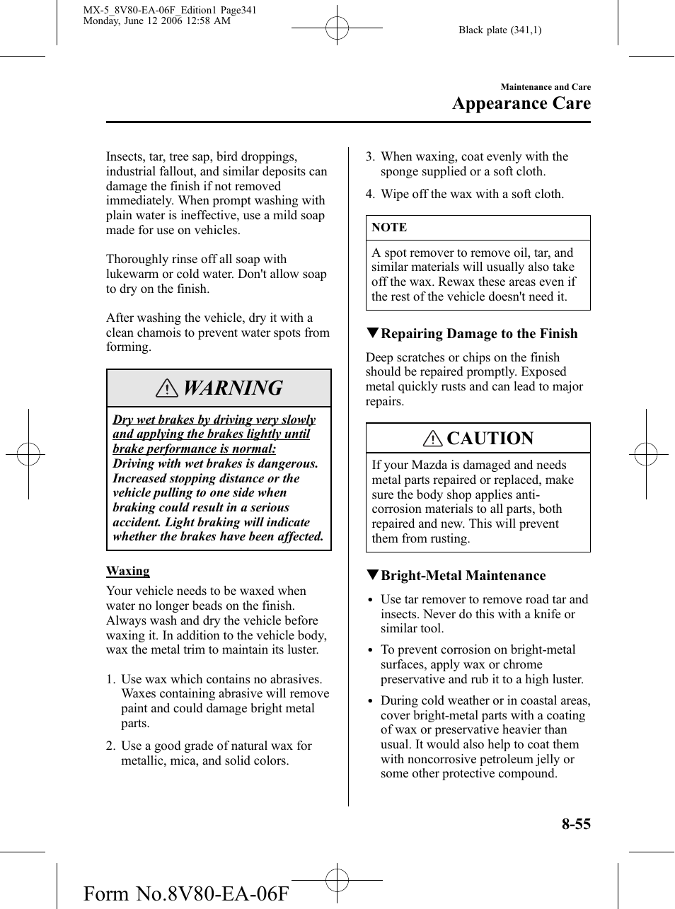 Warning, Caution, Appearance care | Mazda MX-5 User Manual | Page 342 / 407