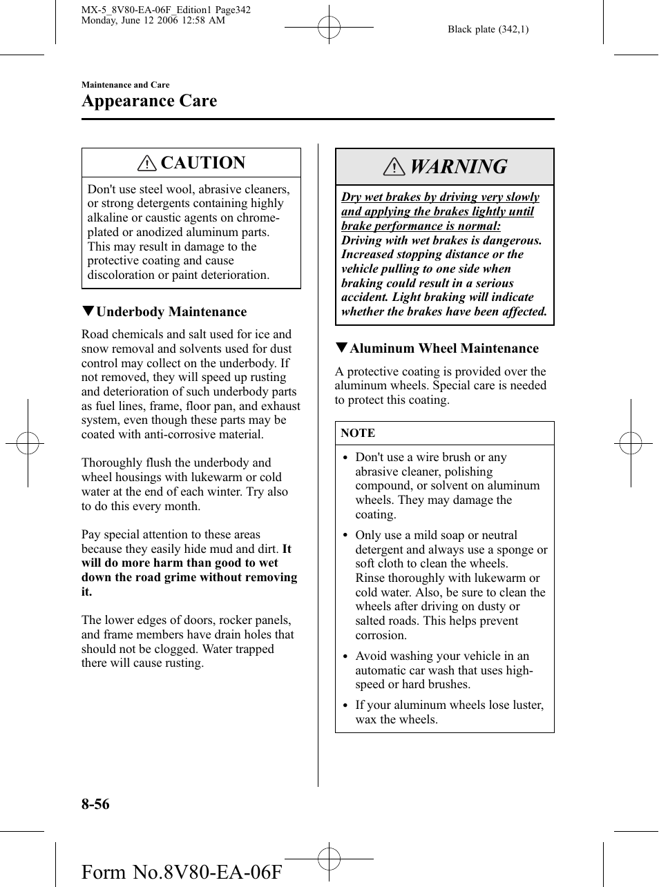 Warning, Caution, Appearance care | Mazda MX-5 User Manual | Page 343 / 407