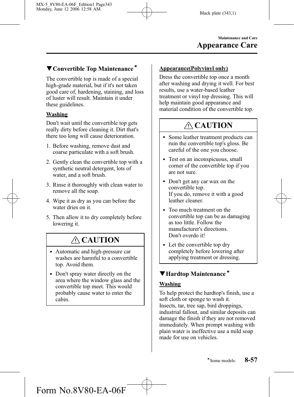 Caution, Appearance care | Mazda MX-5 User Manual | Page 344 / 407