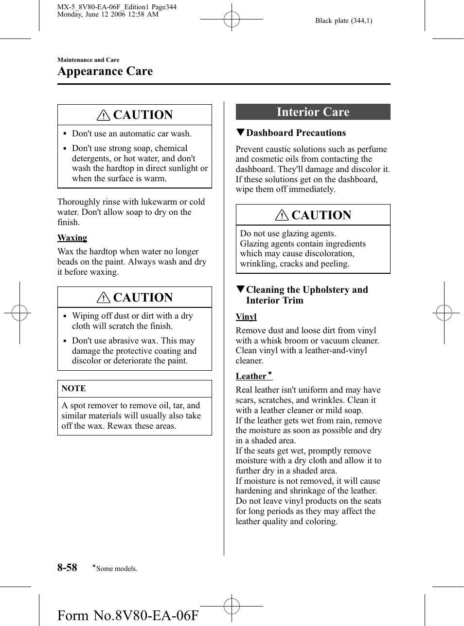 Interior care, Interior care -58, Caution | Appearance care | Mazda MX-5 User Manual | Page 345 / 407