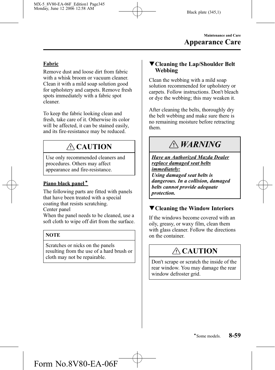 Warning, Caution, Appearance care | Mazda MX-5 User Manual | Page 346 / 407