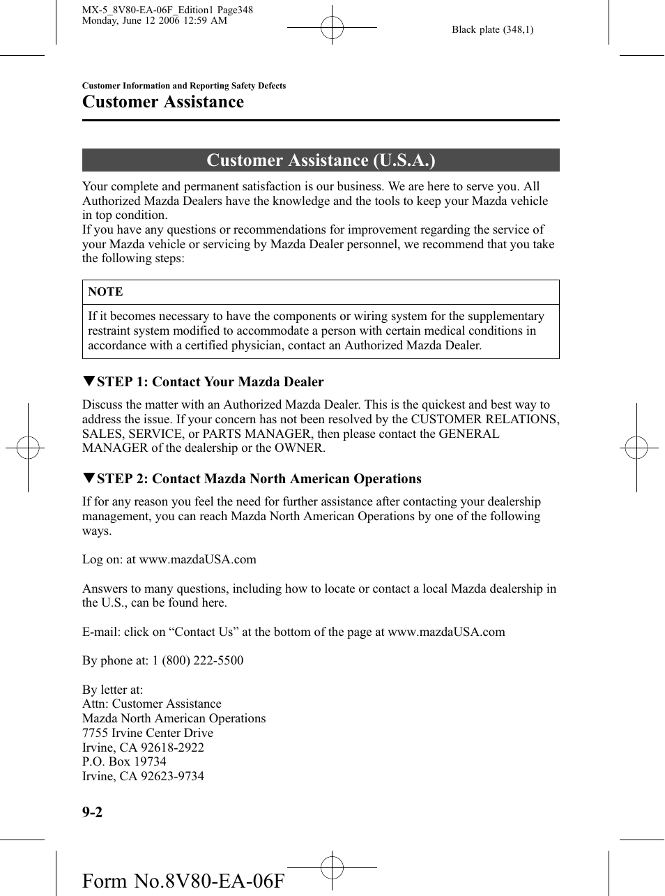 Customer assistance, Customer assistance (u.s.a.), Customer assistance -2 | Customer assistance (u.s.a.) -2 | Mazda MX-5 User Manual | Page 349 / 407