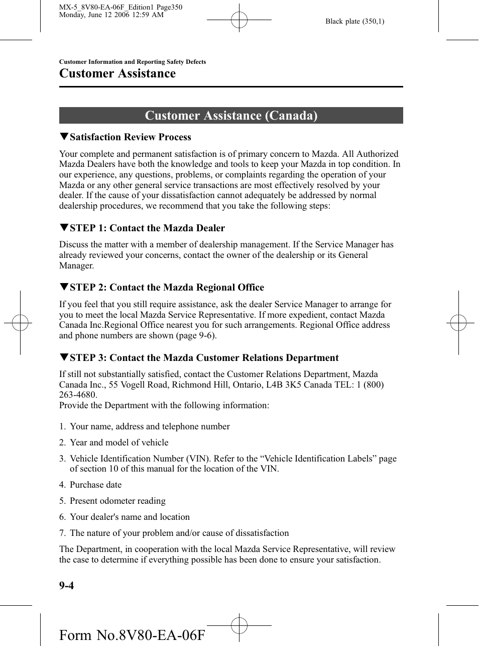 Customer assistance (canada), Customer assistance (canada) -4, Customer assistance | Mazda MX-5 User Manual | Page 351 / 407