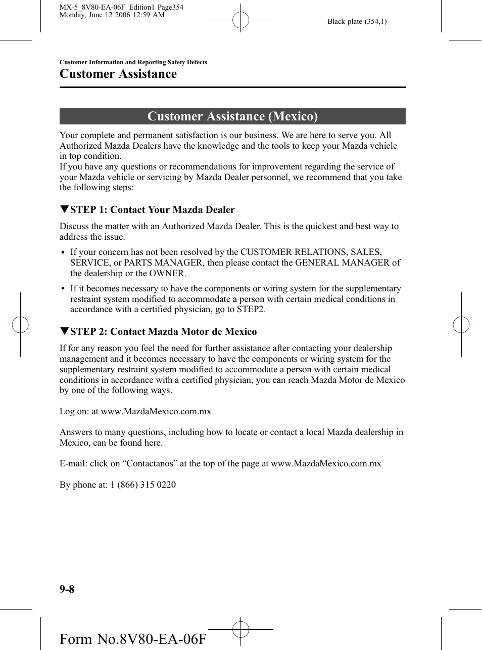 Customer assistance (mexico), Customer assistance (mexico) -8, Customer assistance | Mazda MX-5 User Manual | Page 355 / 407