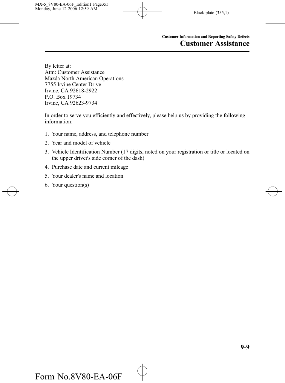 Customer assistance | Mazda MX-5 User Manual | Page 356 / 407