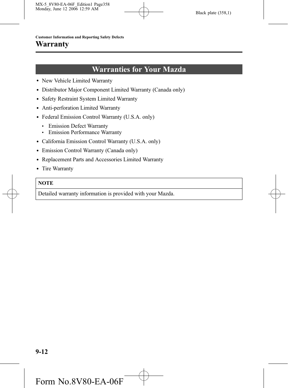 Warranty, Warranties for your mazda, Warranty -12 | Warranties for your mazda -12 | Mazda MX-5 User Manual | Page 359 / 407