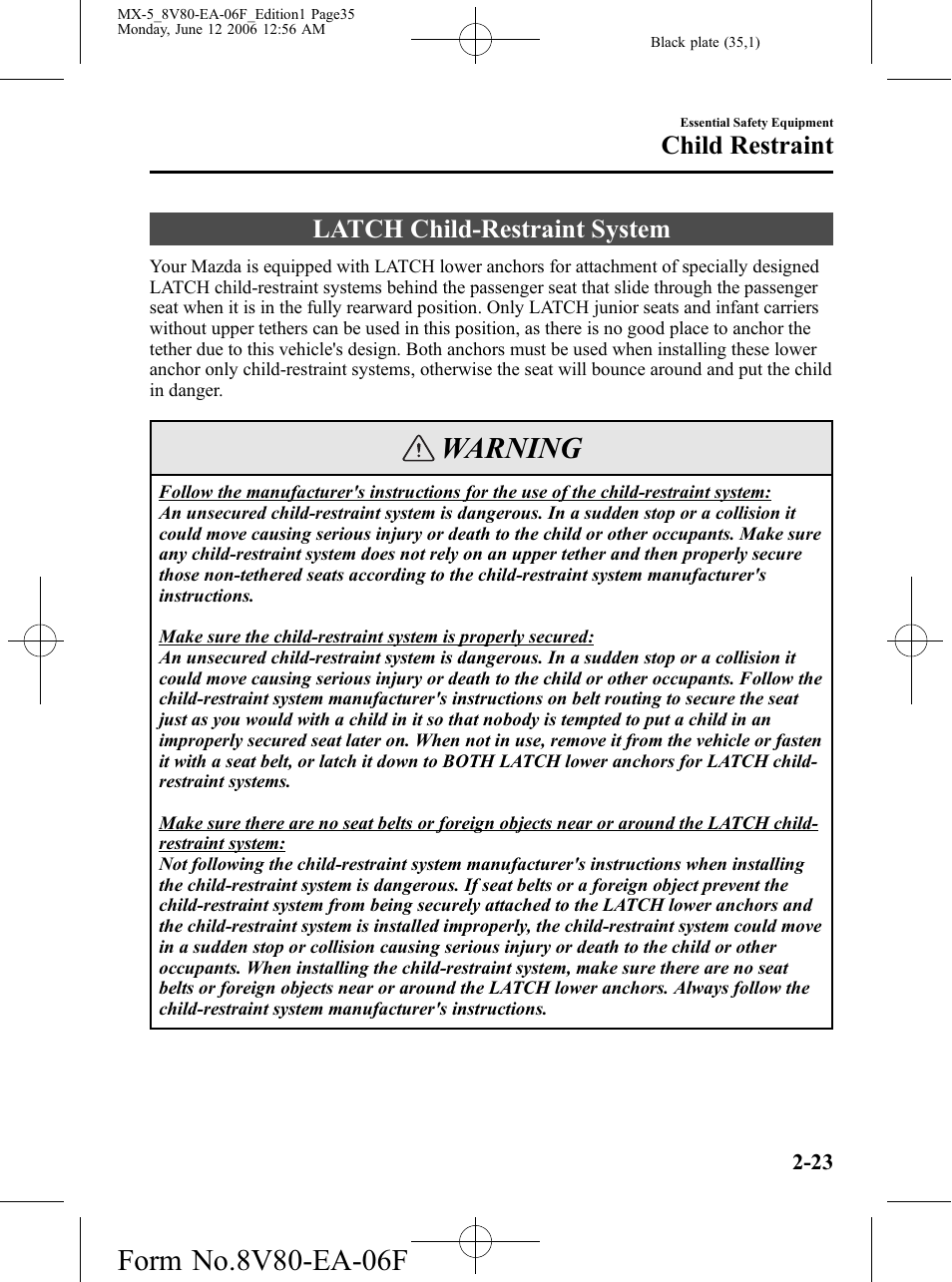 Latch child-restraint system, Latch child-restraint system -23, Warning | Child restraint | Mazda MX-5 User Manual | Page 36 / 407