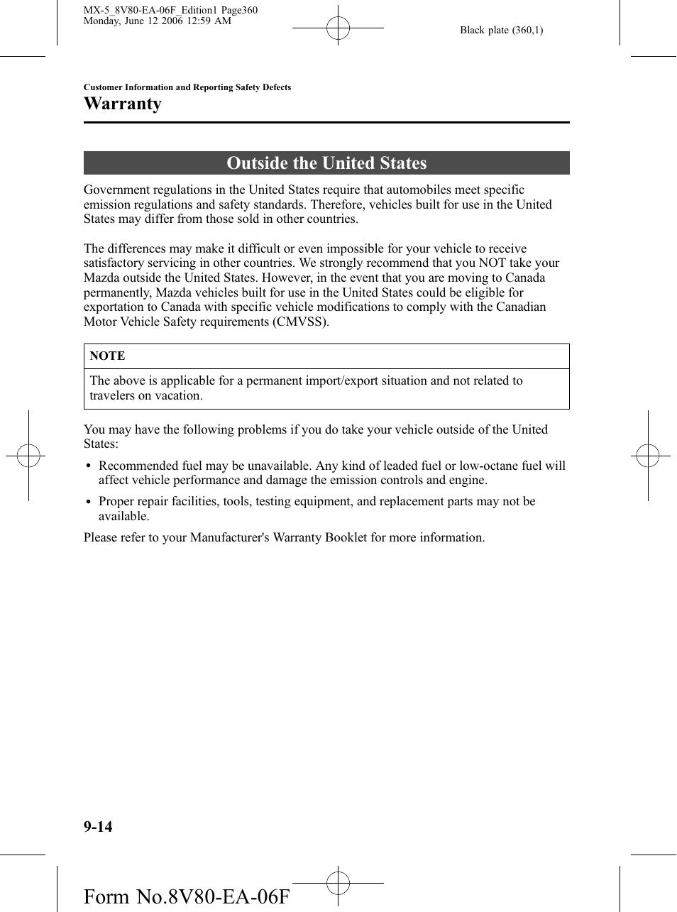 Outside the united states, Outside the united states -14, Warranty | Mazda MX-5 User Manual | Page 361 / 407