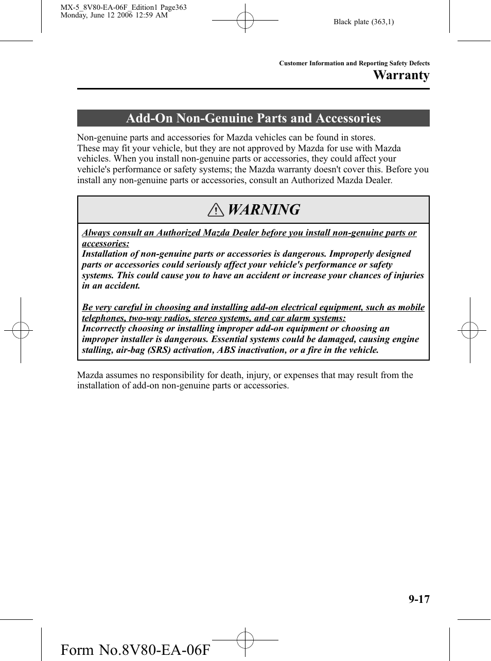 Add-on non-genuine parts and accessories, Add-on non-genuine parts and accessories -17, Warning | Warranty | Mazda MX-5 User Manual | Page 364 / 407