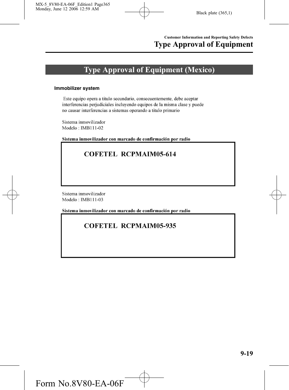 Type approval of equipment, Type approval of equipment (mexico), Type approval of equipment -19 | Type approval of equipment (mexico) -19 | Mazda MX-5 User Manual | Page 366 / 407