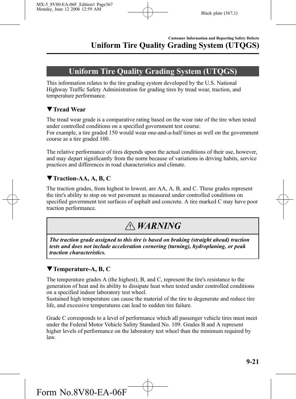 Uniform tire quality grading system (utqgs), Uniform tire quality grading system (utqgs) -21, Warning | Mazda MX-5 User Manual | Page 368 / 407