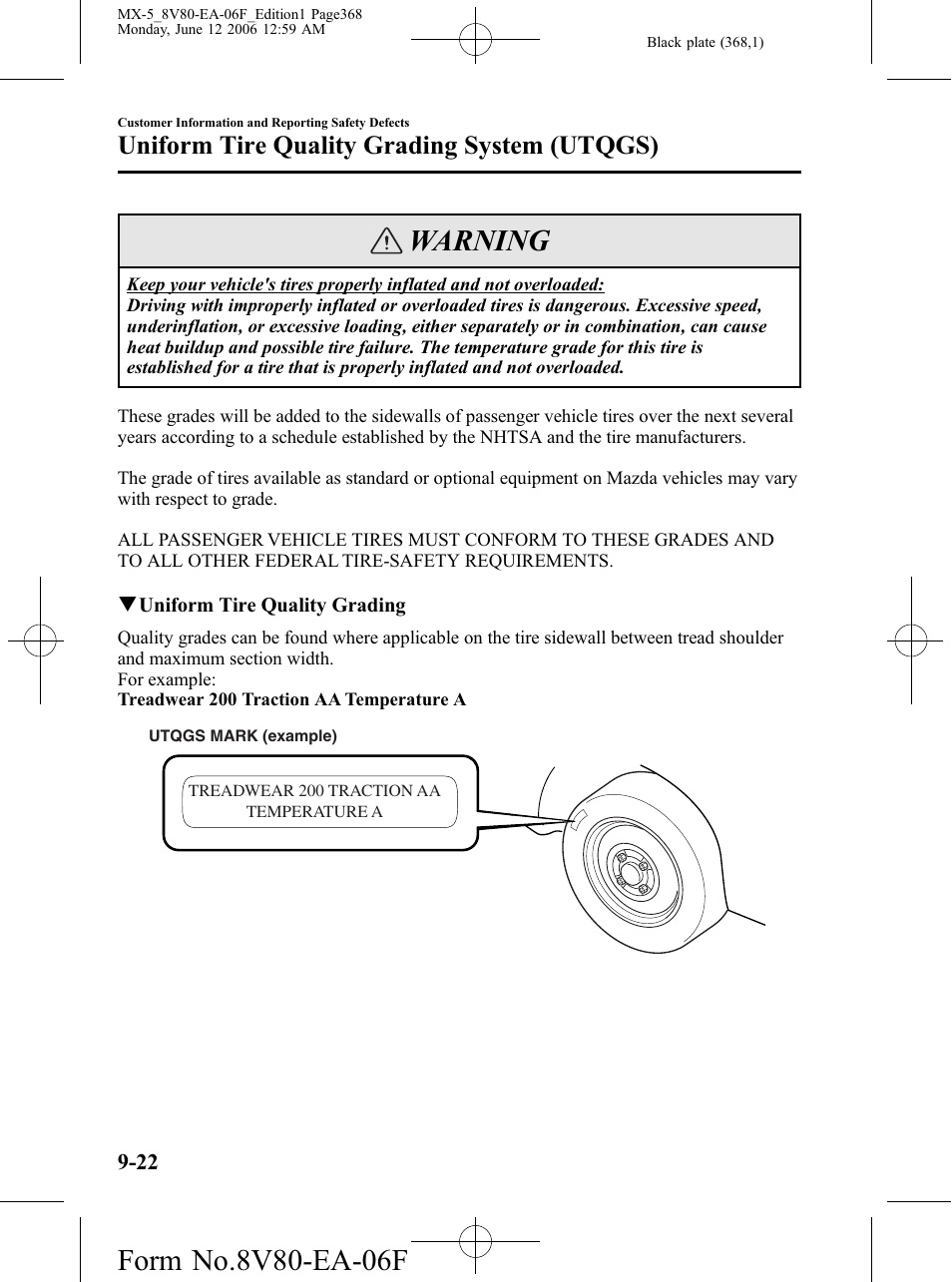 Warning, Uniform tire quality grading system (utqgs) | Mazda MX-5 User Manual | Page 369 / 407