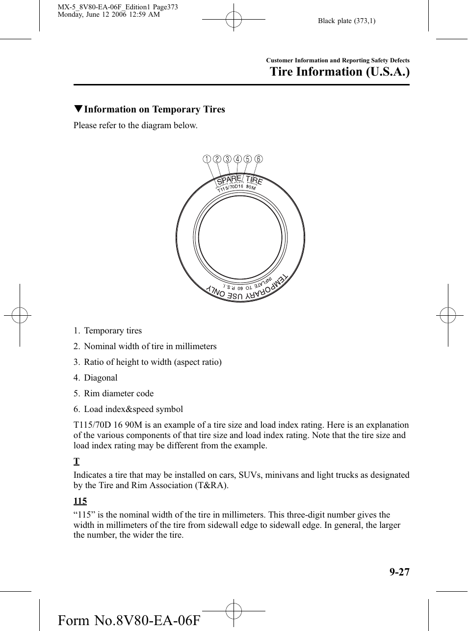 Tire information (u.s.a.) | Mazda MX-5 User Manual | Page 374 / 407