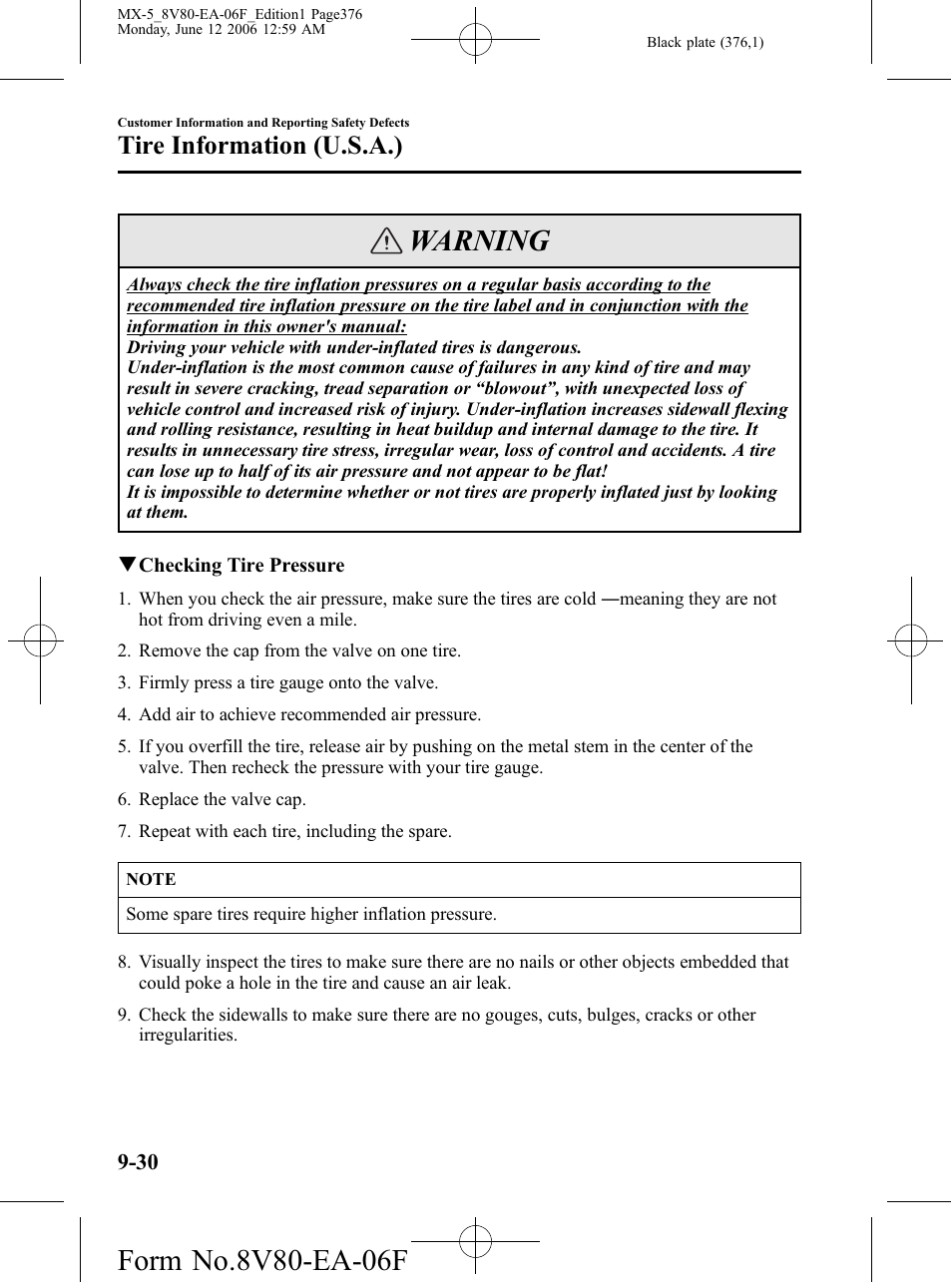 Warning, Tire information (u.s.a.) | Mazda MX-5 User Manual | Page 377 / 407