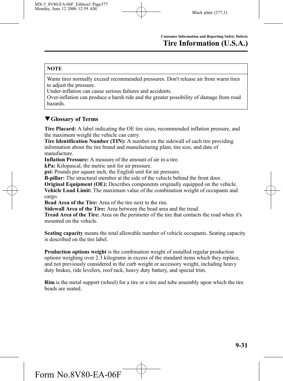Tire information (u.s.a.) | Mazda MX-5 User Manual | Page 378 / 407