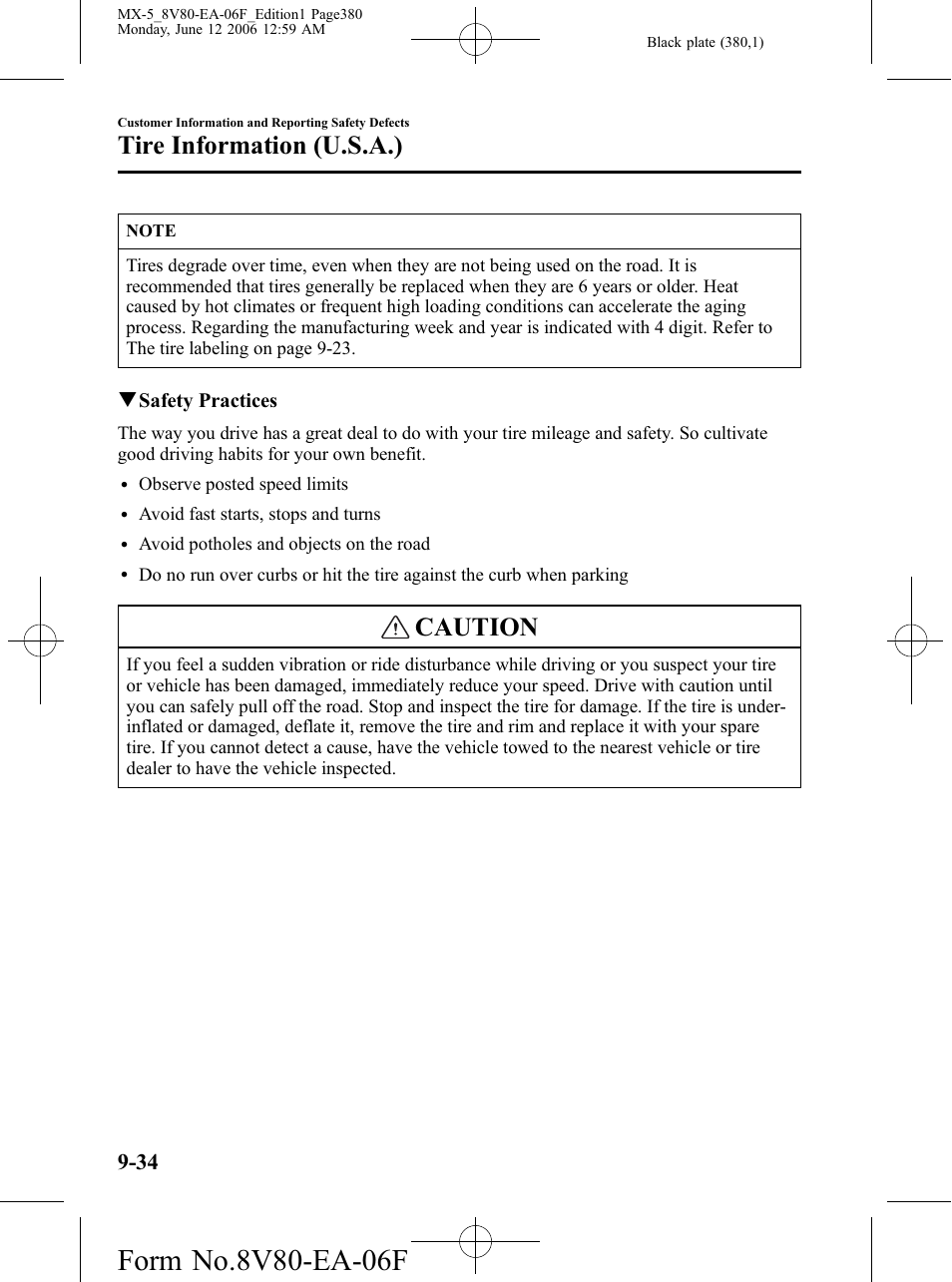 Caution, Tire information (u.s.a.) | Mazda MX-5 User Manual | Page 381 / 407