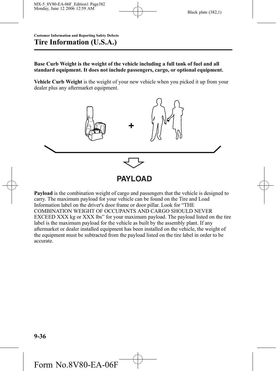 Payload, Tire information (u.s.a.) | Mazda MX-5 User Manual | Page 383 / 407