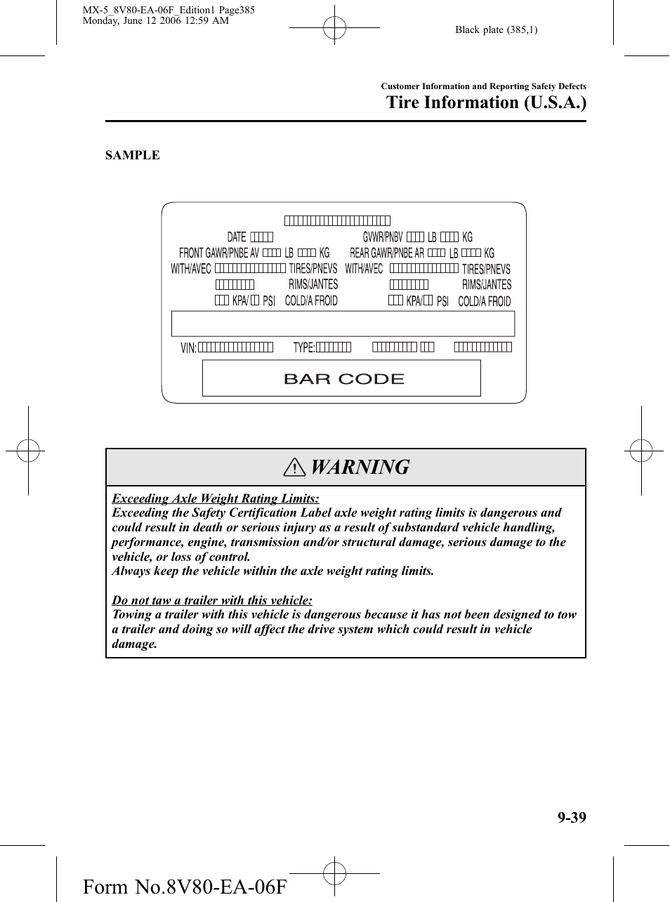 Warning, Tire information (u.s.a.) | Mazda MX-5 User Manual | Page 386 / 407