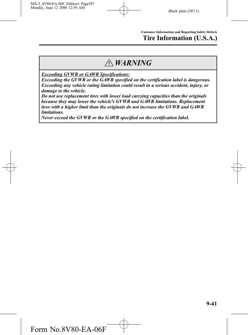 Warning, Tire information (u.s.a.) | Mazda MX-5 User Manual | Page 388 / 407