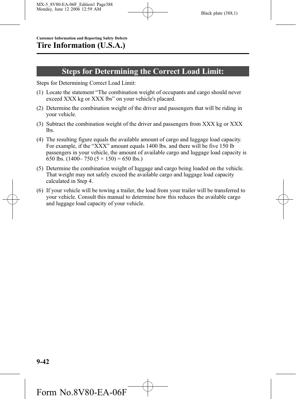Steps for determining the correct load limit, Steps for determining the correct load limit: -42, Tire information (u.s.a.) | Mazda MX-5 User Manual | Page 389 / 407