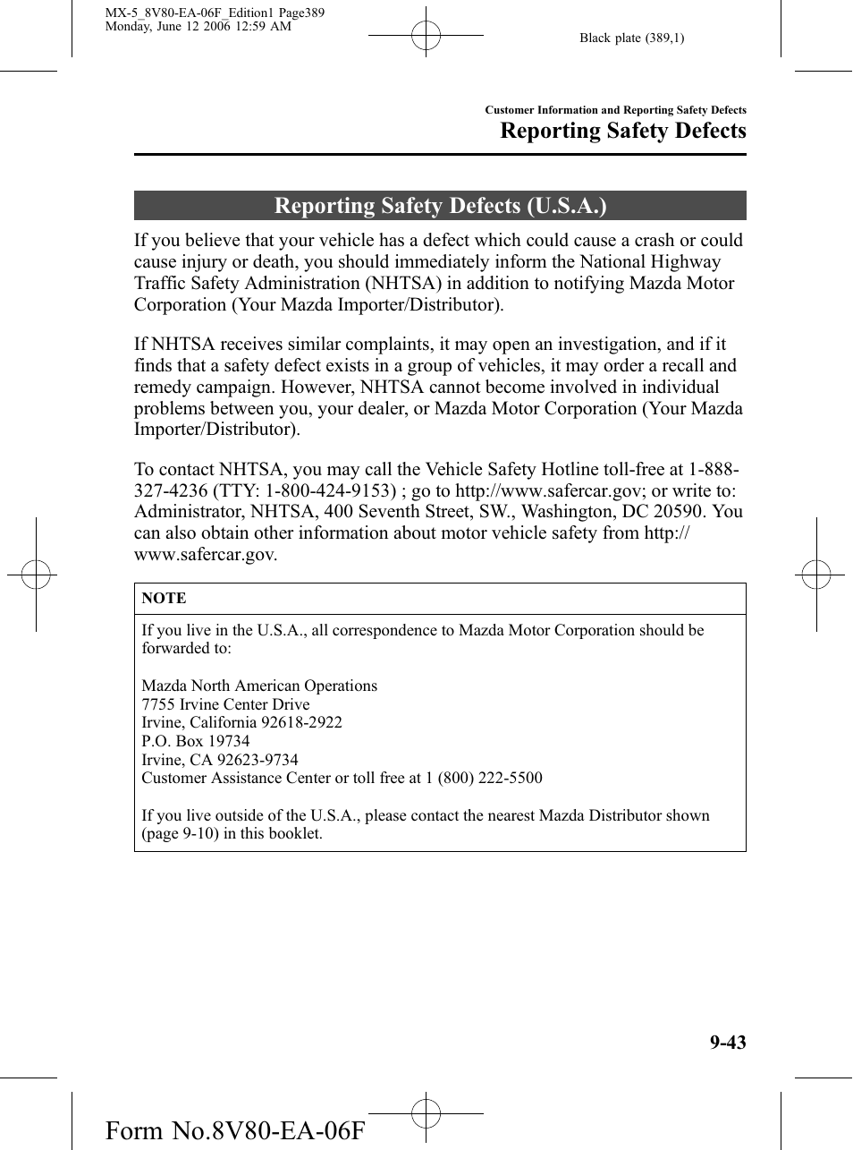 Reporting safety defects, Reporting safety defects (u.s.a.), Reporting safety defects -43 | Reporting safety defects (u.s.a.) -43 | Mazda MX-5 User Manual | Page 390 / 407