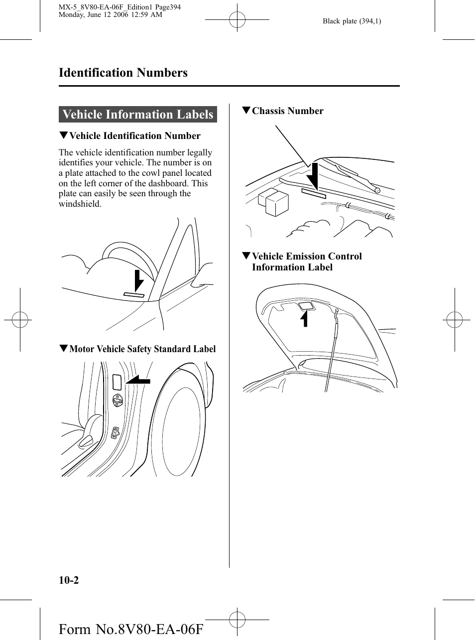 Identification numbers, Vehicle information labels, Identification numbers -2 | Vehicle information labels -2 | Mazda MX-5 User Manual | Page 395 / 407