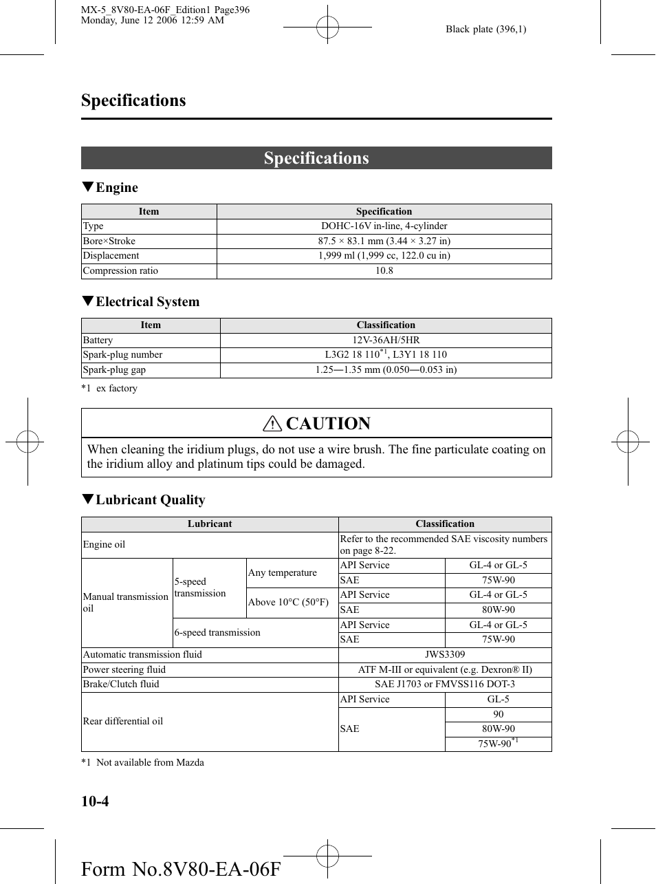 Specifications, Specifications -4, Caution | Qengine, Qelectrical system, Qlubricant quality | Mazda MX-5 User Manual | Page 397 / 407
